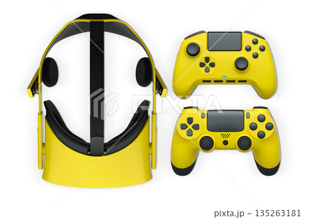 Virtual reality headset with gaming controllers, isolated on white background with clipping path, concept of immersive gaming 135263181