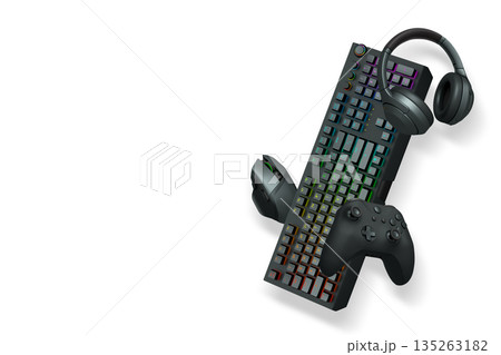 Gaming headset, console controller, ergonomic mouse, and RGB keyboard isolated on white background with clipping path 135263182