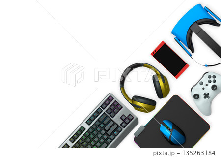 Collection of gaming accessories including headset, controller, keyboard, and VR gear on white background with clipping path Collection of gaming accessories including headset, controller, keyboard, and VR gear on white background with clipping path 135263184