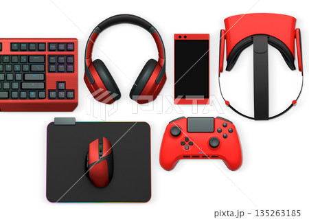 Gaming keyboard with RGB lighting, controllers, VR headset, mouse and headphones isolated on white background with clipping path Gaming keyboard with RGB lighting, controllers, VR headset, mouse and headphones isolated on white background with clipping path 135263185