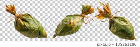 Venezuelan tamales wrapped in corn husk, tied with rustic rope, isolated on white background, representing South American cuisine Venezuelan tamales wrapped in corn husk, tied with rustic rope, isolated on white background, representing South American cuisine 135263186