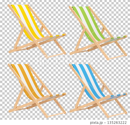 Set of striped beach chairs for summer getaways isolated on white background. 135263222