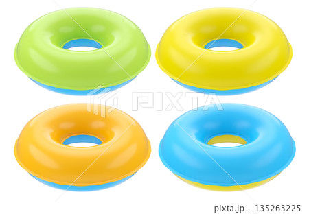 Set of inflatable rings for kids in swimming pool on white background. 135263225