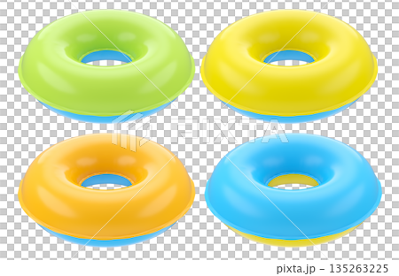 Set of inflatable rings for kids in swimming pool on white background. 135263225