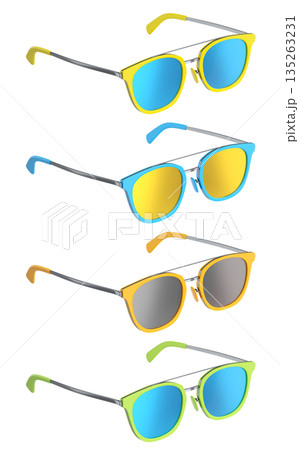 Set of sunglasses with gradient lens and plastic frame on white background. 135263231