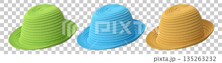 Set of woven straw hats shown from different angles isolated on white background, showcasing summer fashion accessories Set of woven straw hats shown from different angles isolated on white background, showcasing summer fashion accessories 135263232