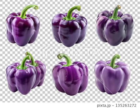 Set of Purple bell pepper with green stem isolated on a white background Set of Purple bell pepper with green stem isolated on a white background 135263272