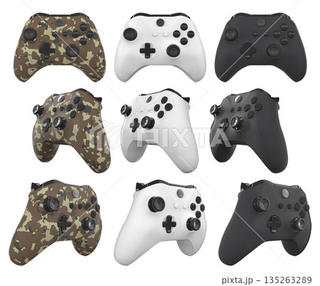 Collection of gaming controllers isolated on white background with clipping path Collection of gaming controllers isolated on white background with clipping path 135263289