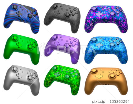 Collection of gaming controllers isolated on white background with clipping path Collection of gaming controllers isolated on white background with clipping path 135263294