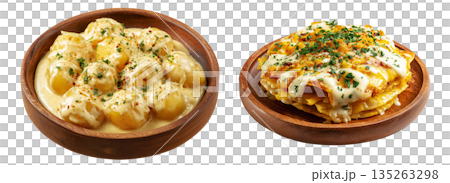 Papa a La Huancana Sliced potatoes in creamy dressing with chili pepper, and garlic in wooden bowl isolated on white background 135263298
