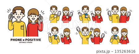 スマートフォンを持った若い男女・学生の様々な表情・ポーズのベクターイラスト素材セット_カラー スマートフォンを持った若い男女・学生の様々な表情・ポーズのベクターイラスト素材セット_カラー 135263616