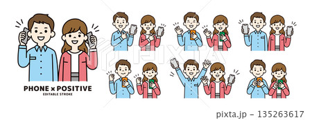 スマートフォンを持った若い男女・夫婦の様々な表情・ポーズのベクターイラスト素材セット＿カラー 135263617