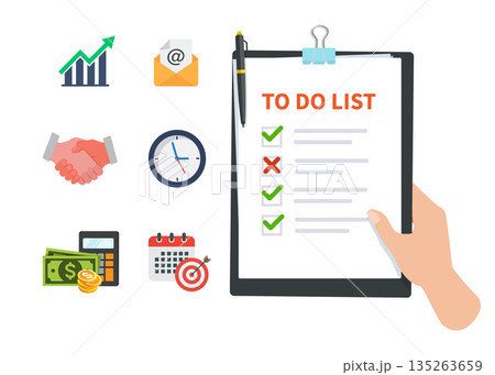 Hand holding a whiteboard containing a list of tasks to be completed. 135263659