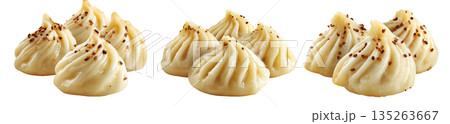 Set of Steamed Banana dumplings with intricate twisted edges, isolated on white background. Concept of Asian cuisine and food art 135263667