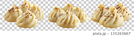 Set of Steamed Banana dumplings with intricate twisted edges, isolated on white background. Concept of Asian cuisine and food art 135263667