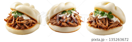 Set of Polynesian steamed bao bun filled with shredded pork, creamy sauce, and cilantro, on white background, Polynesian Snacks 135263672