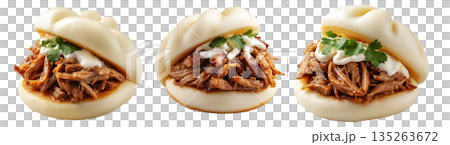 Set of Polynesian steamed bao bun filled with shredded pork, creamy sauce, and cilantro, on white background, Polynesian Snacks 135263672