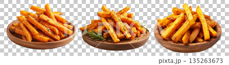 Set of Kumara sweet potato fries with black pepper and herbs on wooden plate, on white, concept of New Zealand fast food snack Set of Kumara sweet potato fries with black pepper and herbs on wooden plate, on white, concept of New Zealand fast food snack 135263673