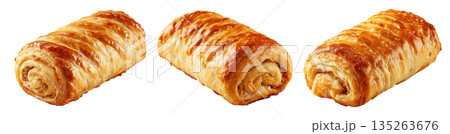 Set of Australia Sausage roll puff pastry filled with minced meat, golden flaky crust on white background, baked snack or meal Set of Australia Sausage roll puff pastry filled with minced meat, golden flaky crust on white background, baked snack or meal 135263676
