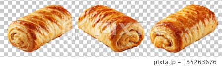 Set of Australia Sausage roll puff pastry filled with minced meat, golden flaky crust on white background, baked snack or meal Set of Australia Sausage roll puff pastry filled with minced meat, golden flaky crust on white background, baked snack or meal 135263676