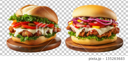 Milanesa chicken sandwich with beef lettuce, tomato, onions, pickles, and sauce isolated on white background, concept of fast food 135263683