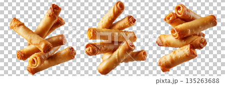 Fried cheese sticks wrapped in dough or spring rolls stacked in pile, isolated on white background, concept of Venezuela snack Fried cheese sticks wrapped in dough or spring rolls stacked in pile, isolated on white background, concept of Venezuela snack 135263688