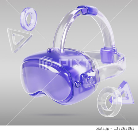 Holographic VR game metaverse glasses p2e technology. Gamer VR headset in transparent purple design. 3D Virtual reality goggles with flying glass buttons on gray render background. 3D illustration 135263863