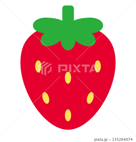 簡易的シンプルでかわいいベタ塗り素材の葉っぱ付き赤いイチゴのベクターイラストアイコン 135264074
