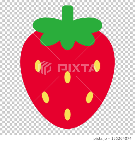 簡易的シンプルでかわいいベタ塗り素材の葉っぱ付き赤いイチゴのベクターイラストアイコン 135264074