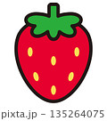簡易的シンプルでかわいいベタ塗り素材の葉っぱ付き赤いイチゴの線画ベクターイラストアイコン 135264075