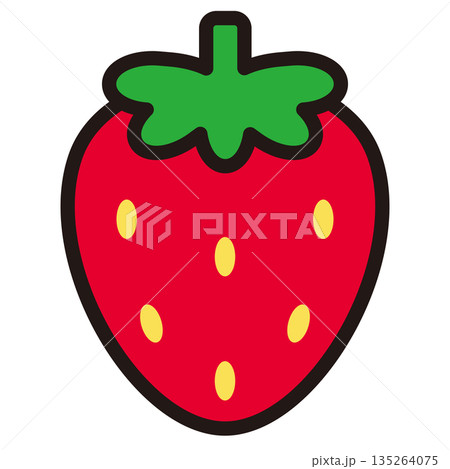 簡易的シンプルでかわいいベタ塗り素材の葉っぱ付き赤いイチゴの線画ベクターイラストアイコン 135264075