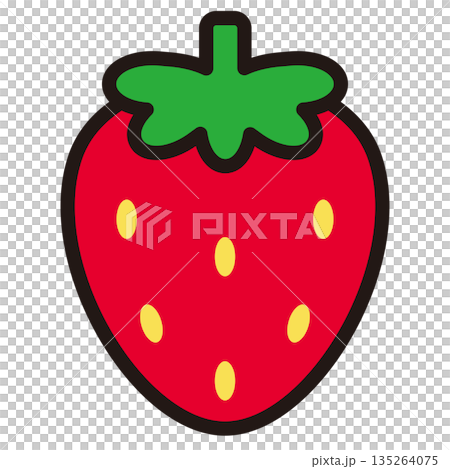 簡易的シンプルでかわいいベタ塗り素材の葉っぱ付き赤いイチゴの線画ベクターイラストアイコン 135264075