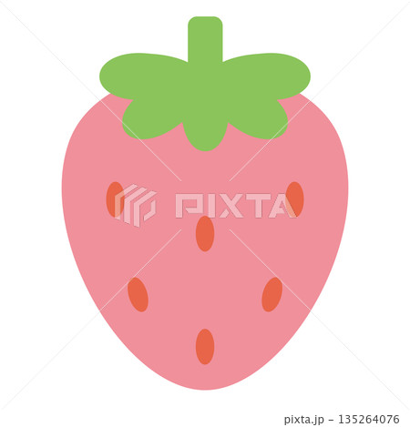 簡易的シンプルでかわいいベタ塗り素材の葉っぱ付きピンク色イチゴのベクターイラストアイコン 135264076
