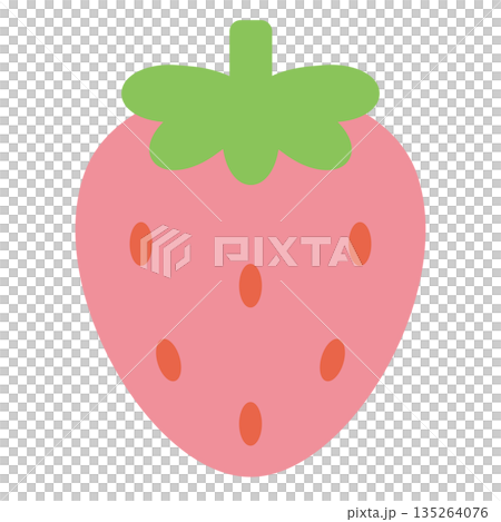 簡易的シンプルでかわいいベタ塗り素材の葉っぱ付きピンク色イチゴのベクターイラストアイコン 135264076