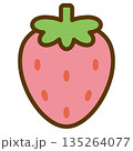 簡易的シンプルでかわいいベタ塗り素材の葉っぱ付きピンク色イチゴの線画ベクターイラストアイコン 135264077