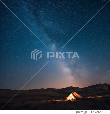 星空と天の川に包まれた砂漠のキャンプ風景 135264398