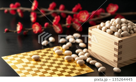 節分の福豆と梅の花 枡に入った大豆と和風の背景素材 2月の行事 厄除け 縁起物 日本の伝統文化 節分の福豆と梅の花 枡に入った大豆と和風の背景素材 2月の行事 厄除け 縁起物 日本の伝統文化 135264445