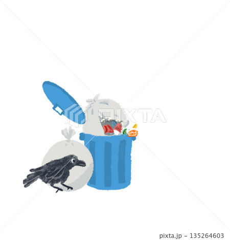 ゴミ箱を荒らすカラスの注意イラスト ゴミ箱を荒らすカラスの注意イラスト 135264603