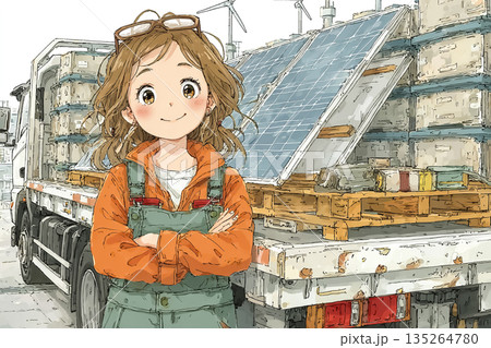ソーラーパネル輸送を管理する若い女性技術者のイラスト｜再生可能エネルギー物流 135264780