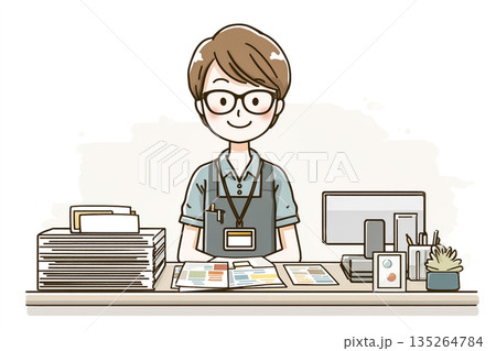 書類を整理する若い女性オフィスワーカーのイラスト｜会議準備と事務作業イメージ 135264784