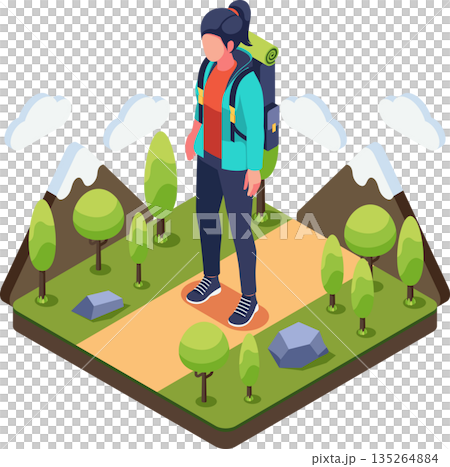 Isometric Solo Traveler Hiking with Backpack on Nature Trail 135264884