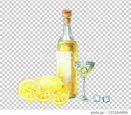 Watercolor limoncello liqueur with drink glass, ice cubes and lemon whole fruit and slices. Hand drawn traditional Italian beverage for bar drinks, cocktail menu Isolated from background illustration Watercolor limoncello liqueur with drink glass, ice cubes and lemon whole fruit and slices. Hand drawn traditional Italian beverage for bar drinks, cocktail menu Isolated from background illustration 135264906