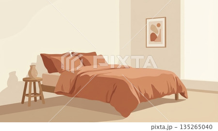 アースカラーのベッドリネンとアートが飾られたおしゃれな寝室のイラスト アースカラーのベッドリネンとアートが飾られたおしゃれな寝室のイラスト 135265040
