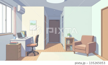 青い壁とシンプルな家具が配置された清潔感のあるワークスペースのイラスト 135265053