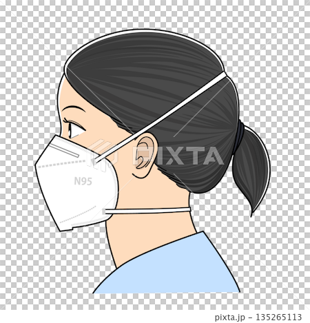 一位戴著N95口罩的女性側臉 一位戴著N95口罩的女性側臉 135265113