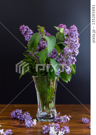 beautiful bouquet of lilacs in a vase on a black background 135265891