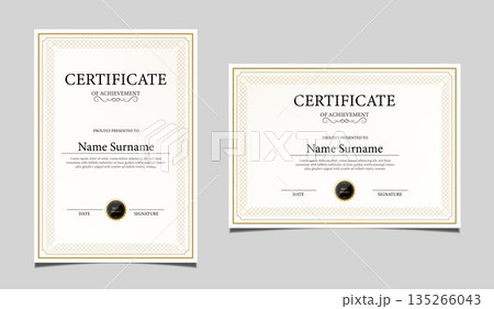 Elegant certificate of achievement set in vertical and horizontal layout, classic black and gold border design, professional award template for business, corporate, education and formal recognition. Elegant certificate of achievement set in vertical and horizontal layout, classic black and gold border design, professional award template for business, corporate, education and formal recognition. 135266043