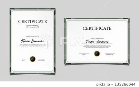 Elegant certificate of achievement set in vertical and horizontal layout, classic black and gold border design, professional award template for business, corporate, education and formal recognition. 135266044