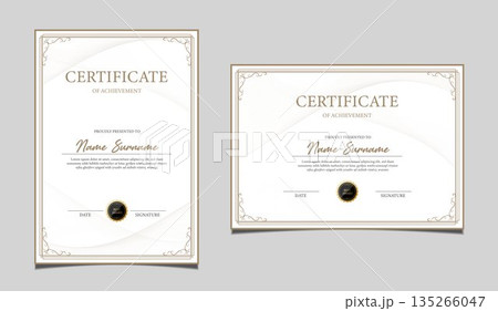 Elegant certificate of achievement set in vertical and horizontal layout, classic black and gold border design, professional award template for business, corporate, education and formal recognition. 135266047