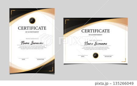 Elegant certificate of achievement set in vertical and horizontal layout, classic black and gold border design, professional award template for business, corporate, education and formal recognition. Elegant certificate of achievement set in vertical and horizontal layout, classic black and gold border design, professional award template for business, corporate, education and formal recognition. 135266049